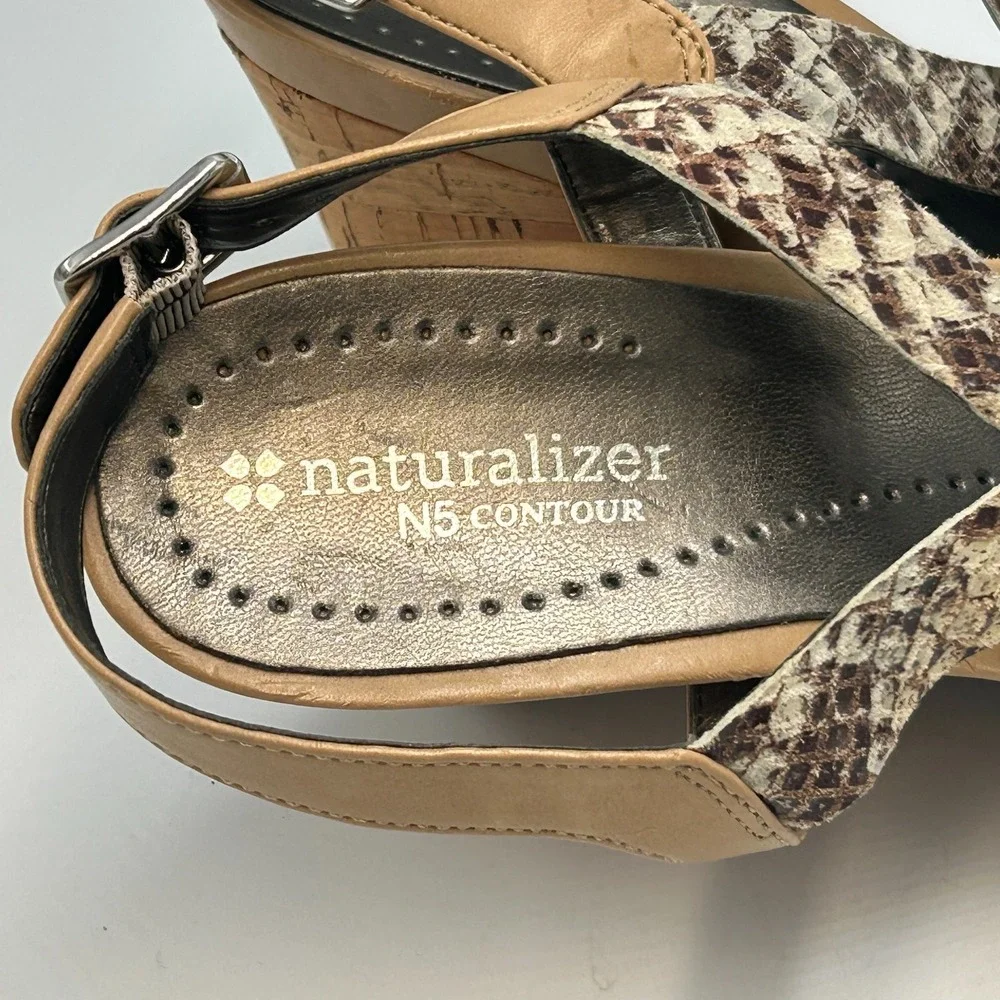 Naturalizer N5 Wedge Heel Sandal Brown Tan Snake Sandal Strappy Womens 9 Cork